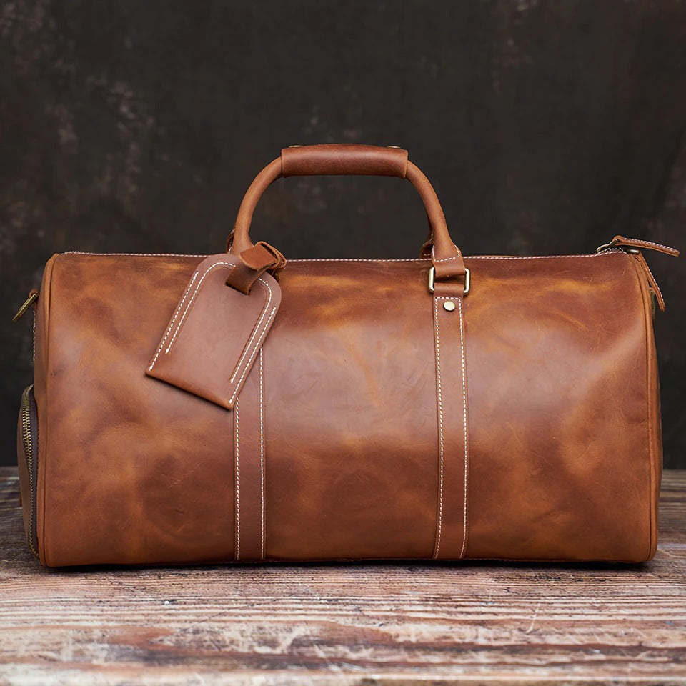 Full-grain Brown Leather Duffle Bag for Men & Women Manntara