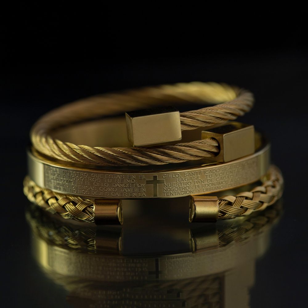 Golden Stainless Steel Catholic Designer 3-Pieces Bracelet Set For Men