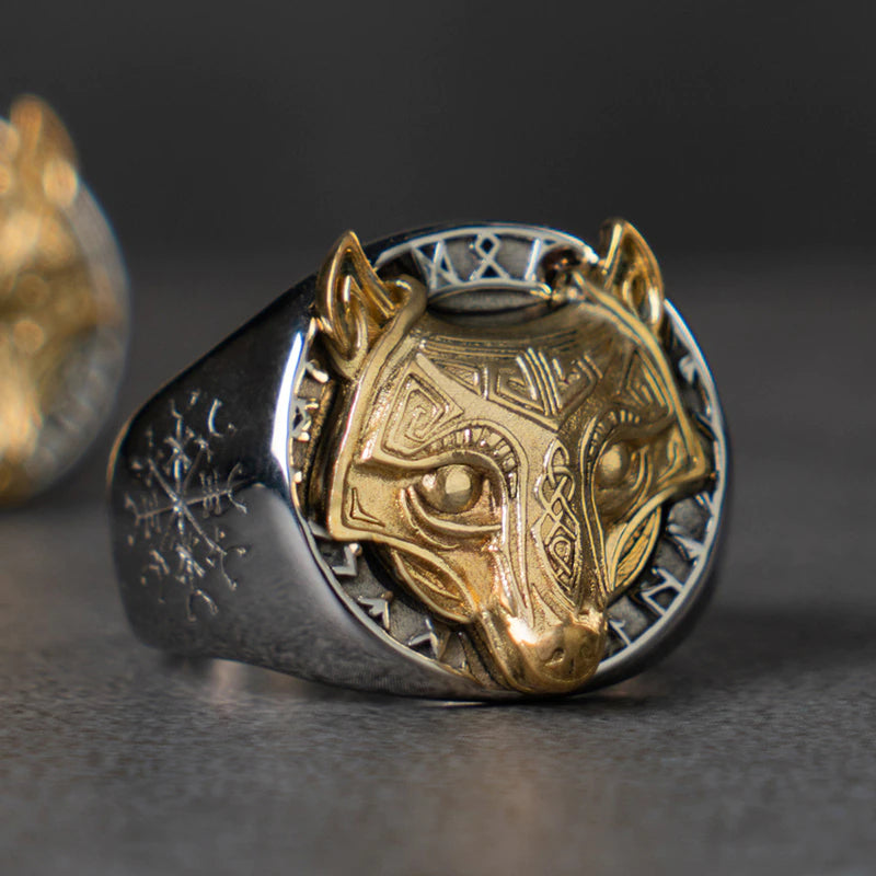 Golden Viking Wolf Head Stainless Steel Ring For Men Manntara