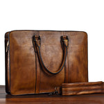 Khaki Brown Cowhide Leather Luxury 14-inches Laptop Business Briefcase For Men
