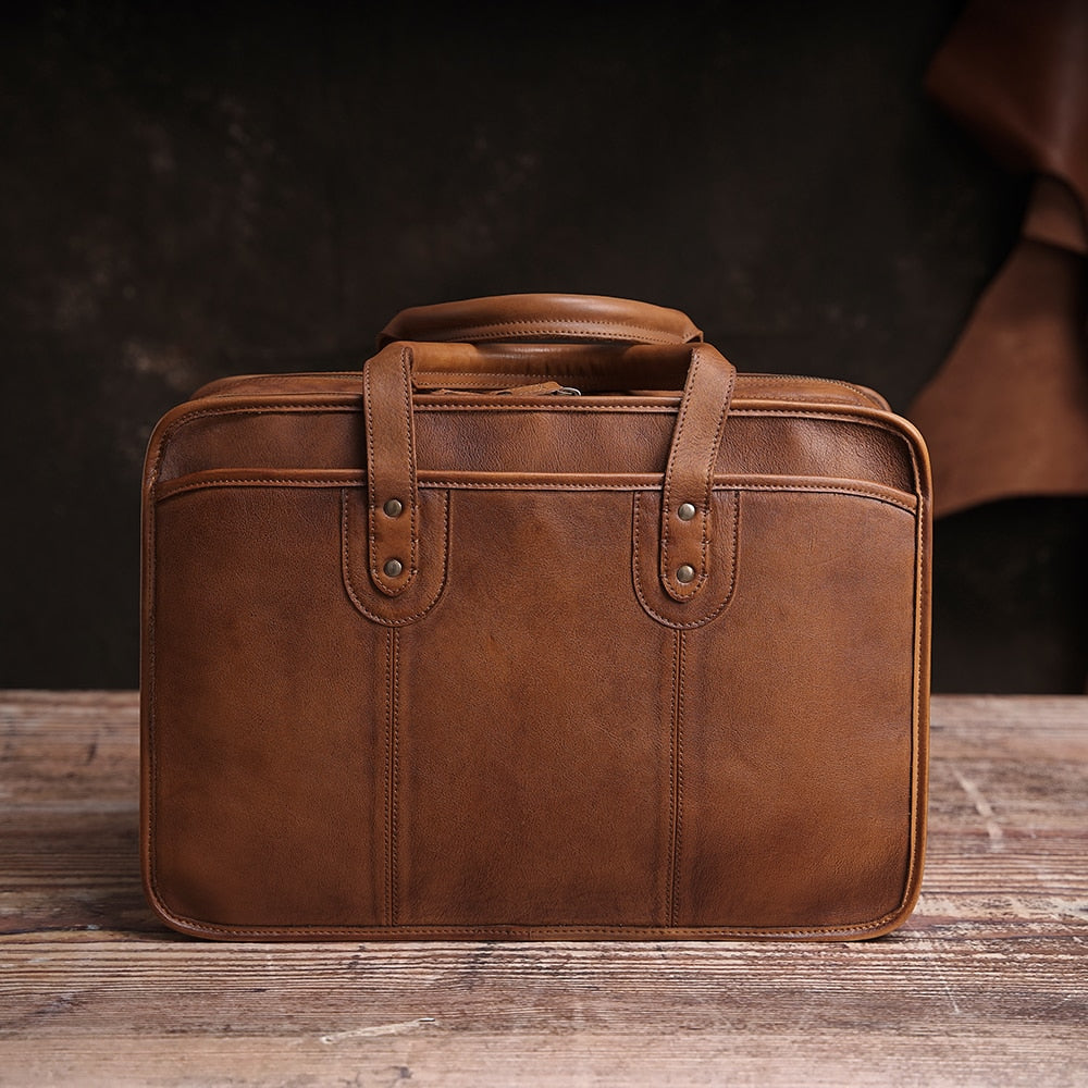 Luxury Brown Full-grain Leather Business Briefcase For Men