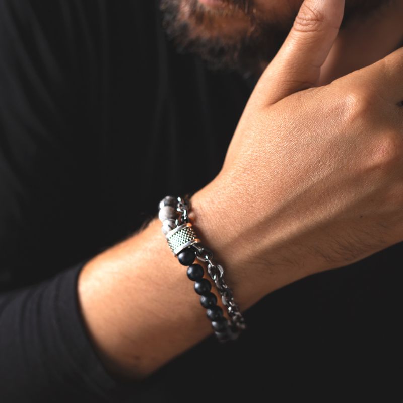 Men's Black & Silver Beads Bracelet With Chain