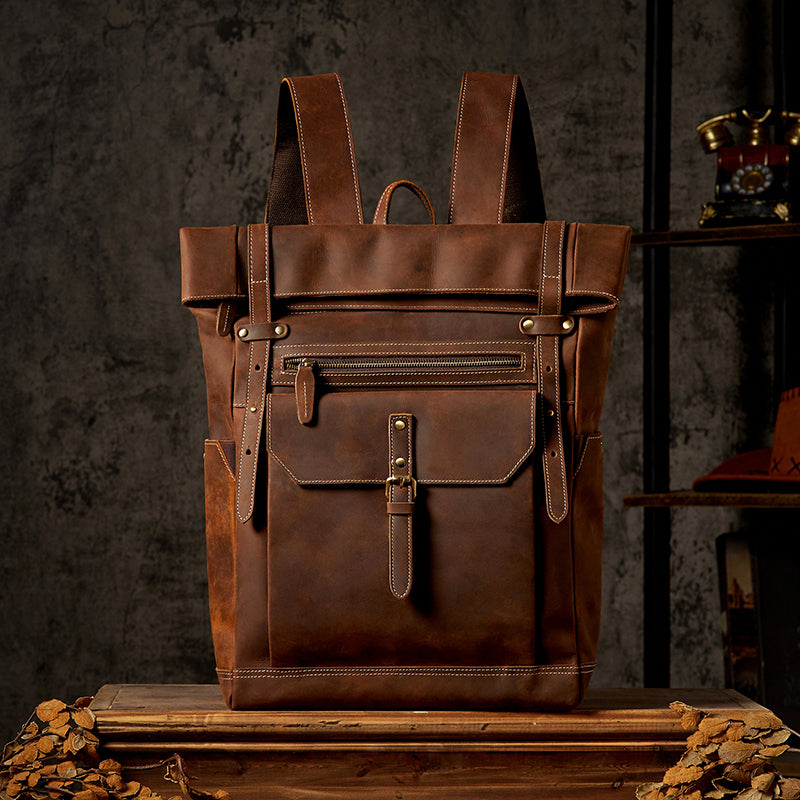 Men's Brown Leather 15.6'' Laptop Vintage Backpack For Work