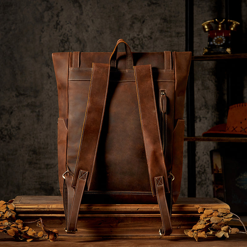 Men's Brown Leather 15.6'' Laptop Vintage Backpack For Work