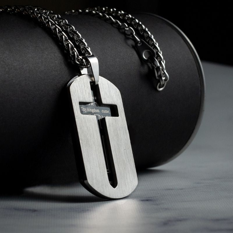 Men's Silver Stainless Steel Our Father Catholic Prayer Necklace 