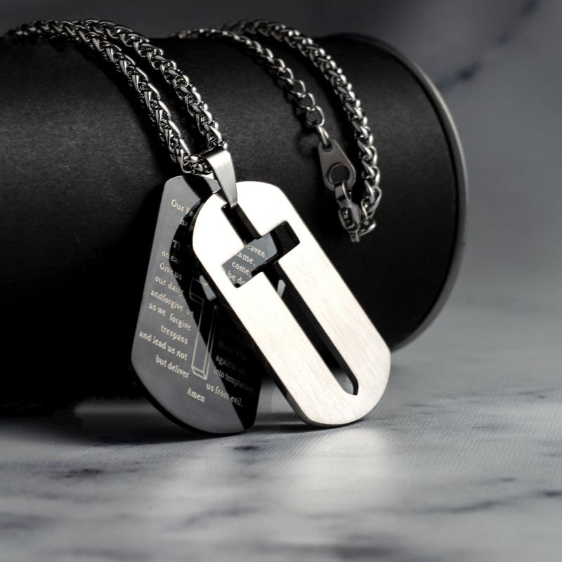 Men's Silver Stainless Steel Our Father Catholic Prayer Necklace 