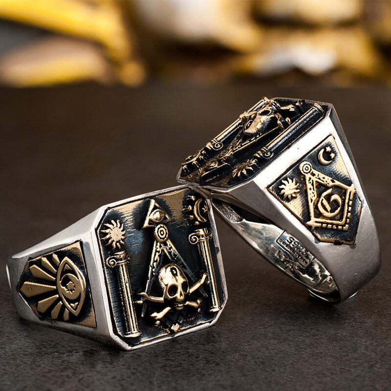 S925 Silver Egyptian Golden Skull Ring For Men 