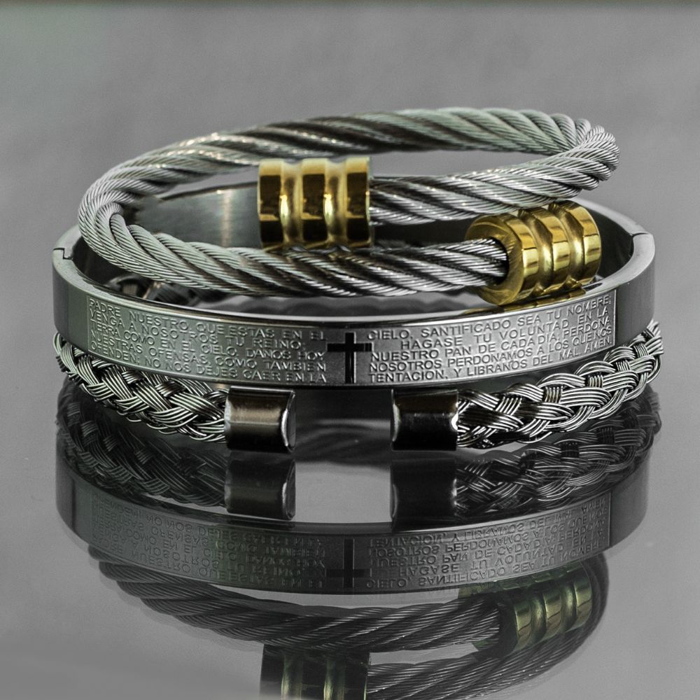 Silver Stainless Steel Catholic Designer 3-Pieces Bracelet Set For Men