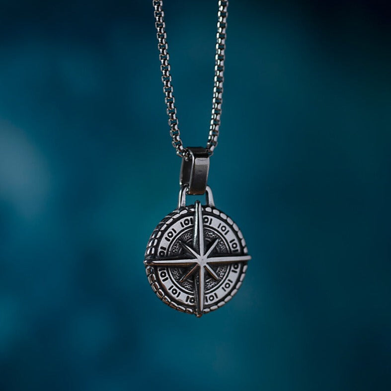 Silver Stainless Steel Compass Necklace For Men