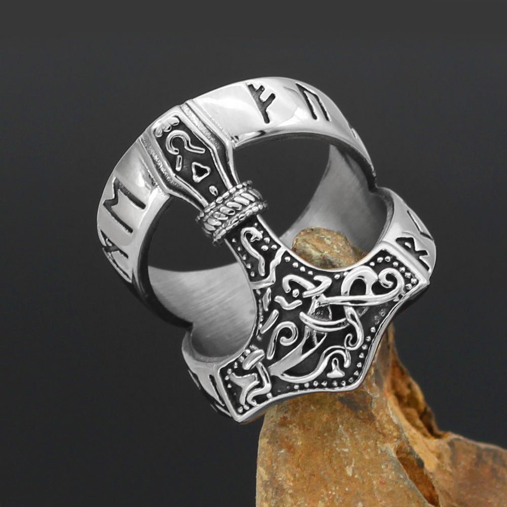 Silver Stainless Steel Thor's Hammer Fashion Ring For Men Manntara