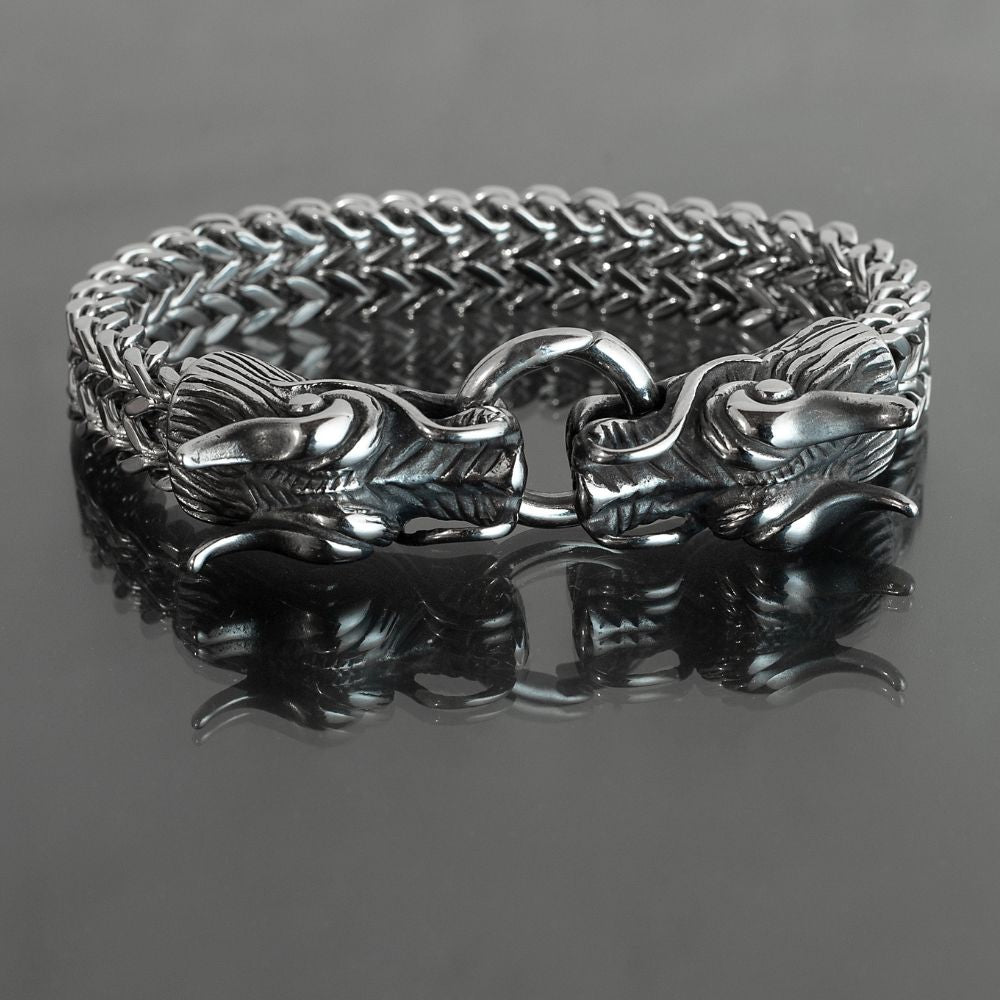 Silver Stainless Steel Viking Dragon Chunky Bracelet For Men
