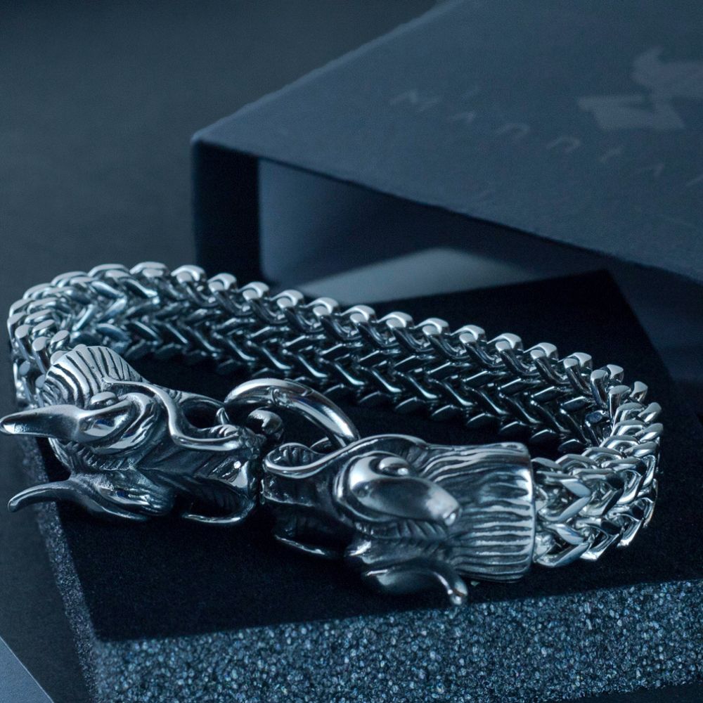 Silver Stainless Steel Viking Dragon Chunky Bracelet For Men