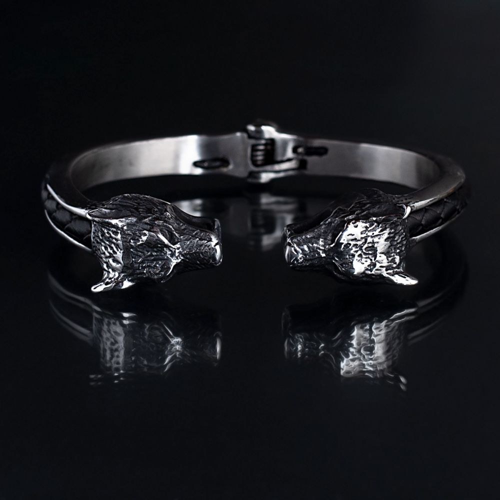 Silver Stainless Steel & Leather Cuff Wolf Bracelet For Men Manntara