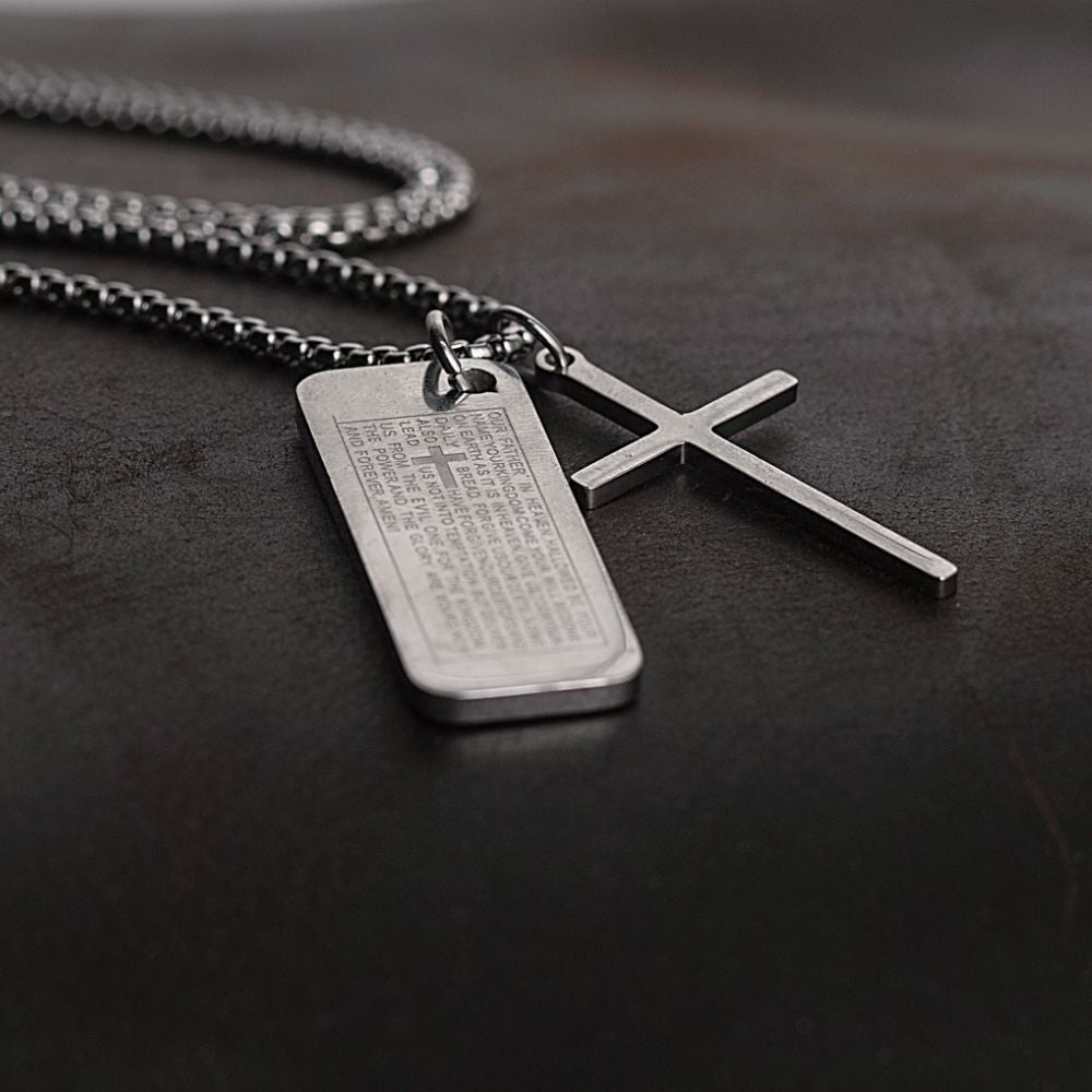 Stainless Steel Engraved Plate Cross Necklace with Our Father Prayer Manntara
