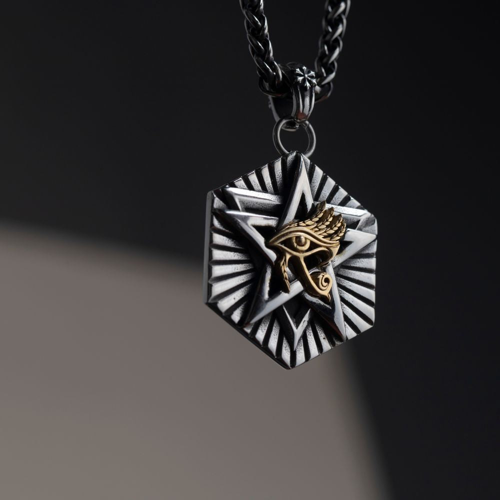 Stainless Steel Horus Eye Hexagon Gothic Pendant For Men  Egyptian Jewelry