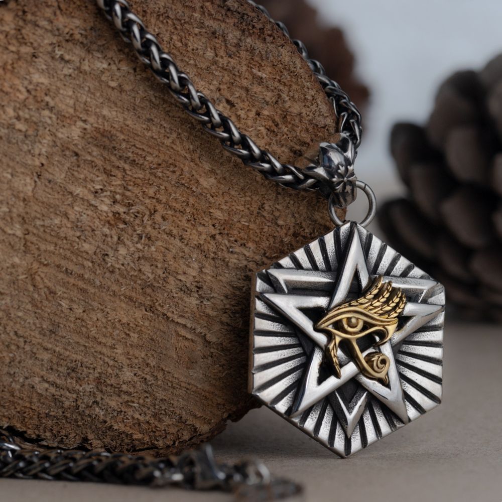 Stainless Steel Horus Eye Hexagon Gothic Pendant For Men  Egyptian Jewelry