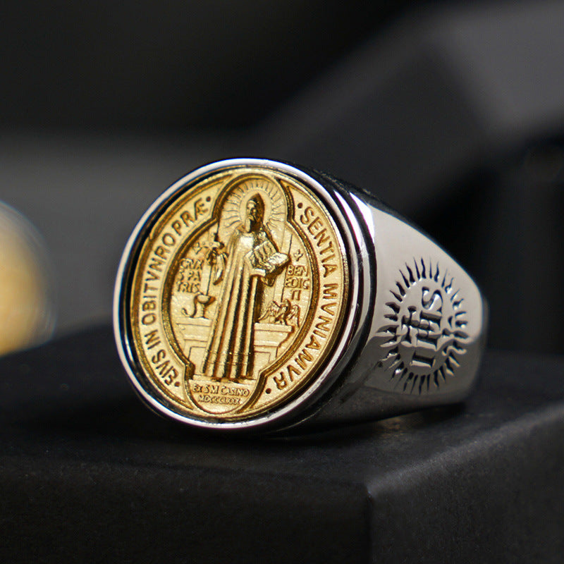 Stainless Steel Saint Benedict Golden Ring For Men Manntara