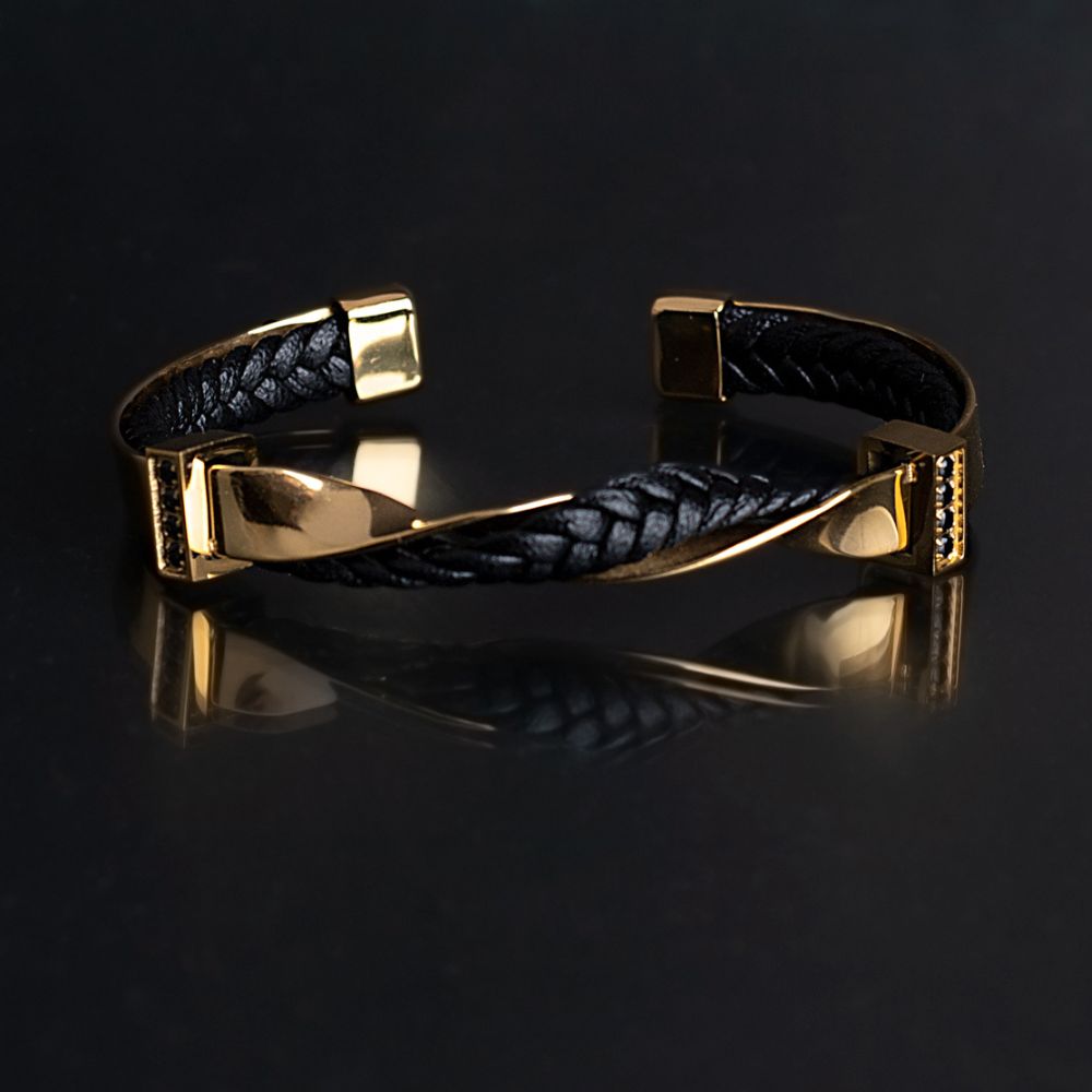 Stainless Steel & Leather Black Golden Cuff Luxury Bracelet for Men –  Manntara