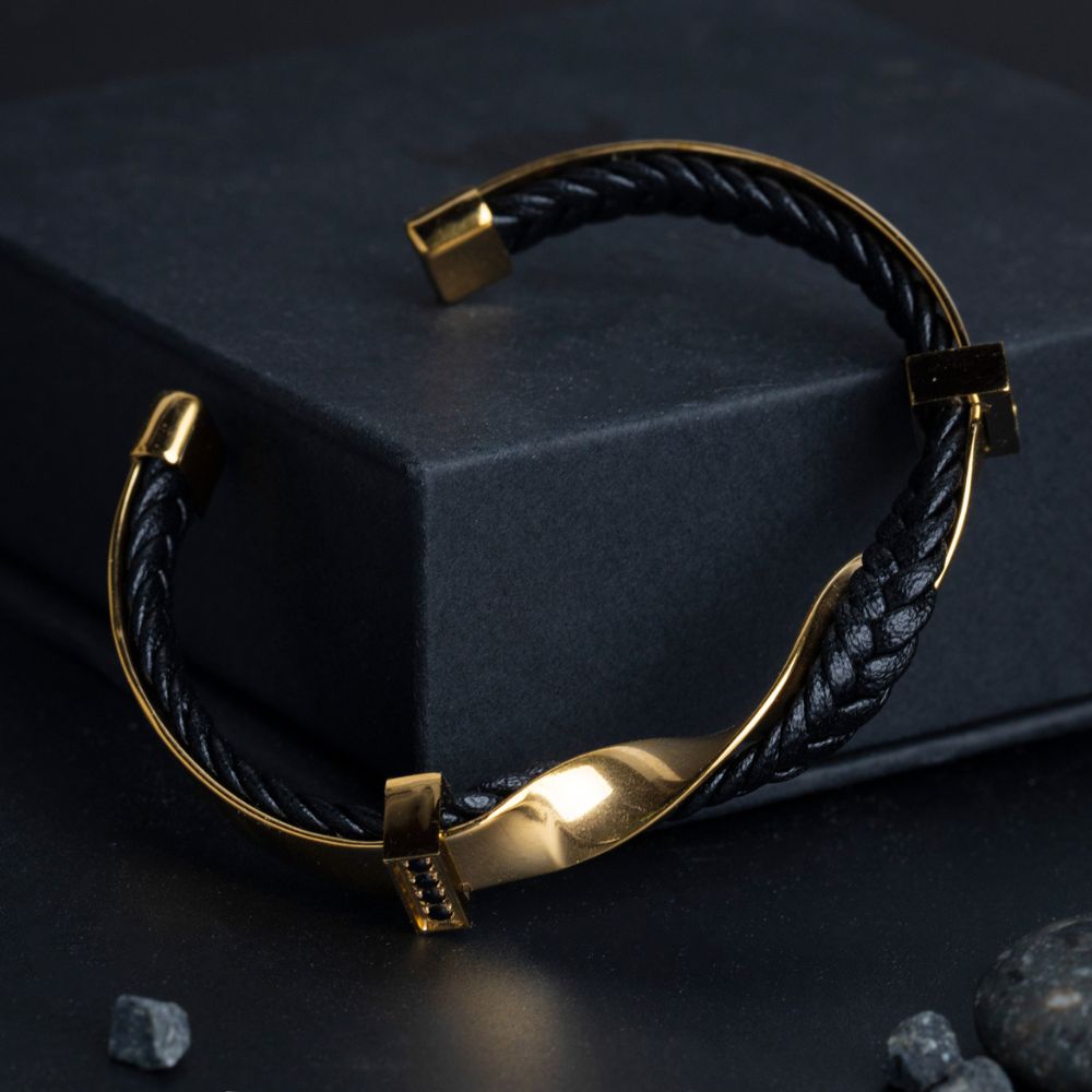 Stainless Steel & Leather Golden Bracelet for Men Manntara