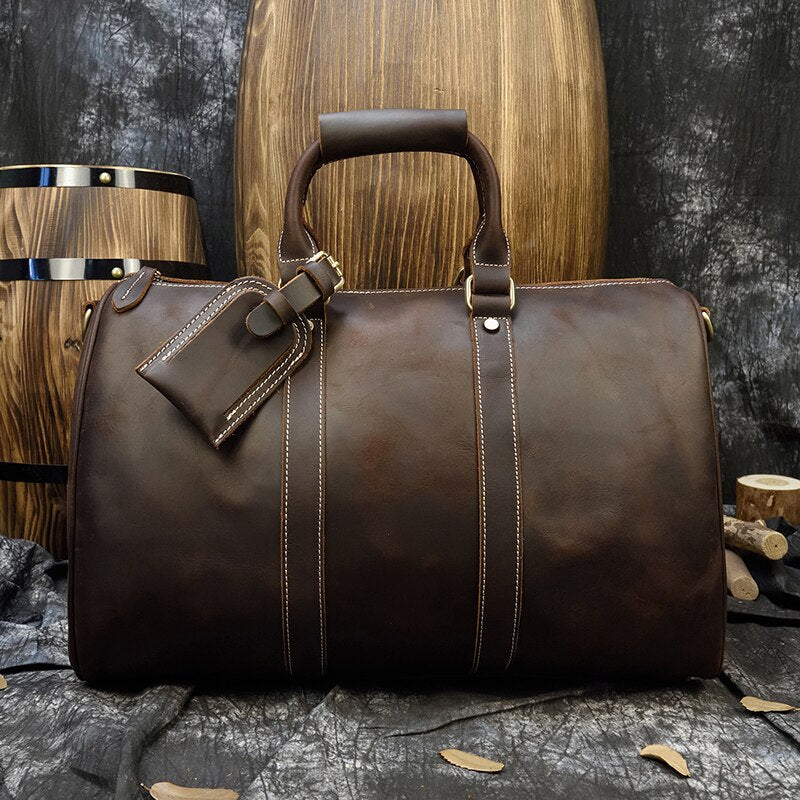 Unisex Dark Brown Leather Duffle Bag For Travel