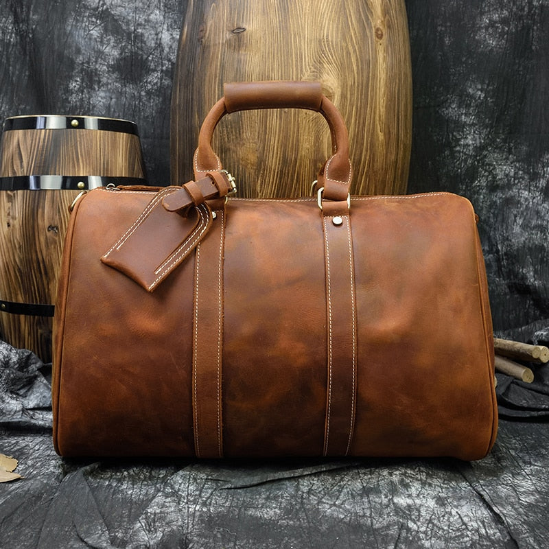 Unisex Dark Brown Leather Duffle Bag For Travel Manntara