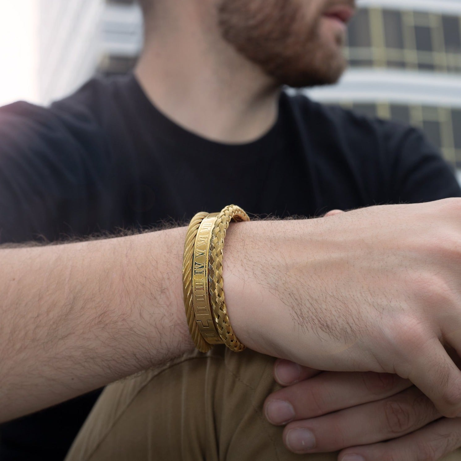 Golden Stainless Steel & Rhodium Roman Bracelet Set For Men