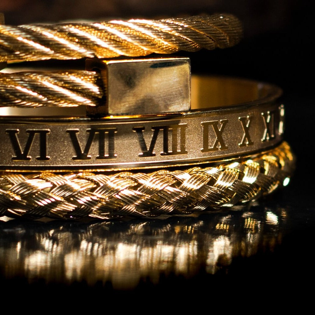 Golden Stainless Steel & Rhodium Roman Bracelet Set For Men