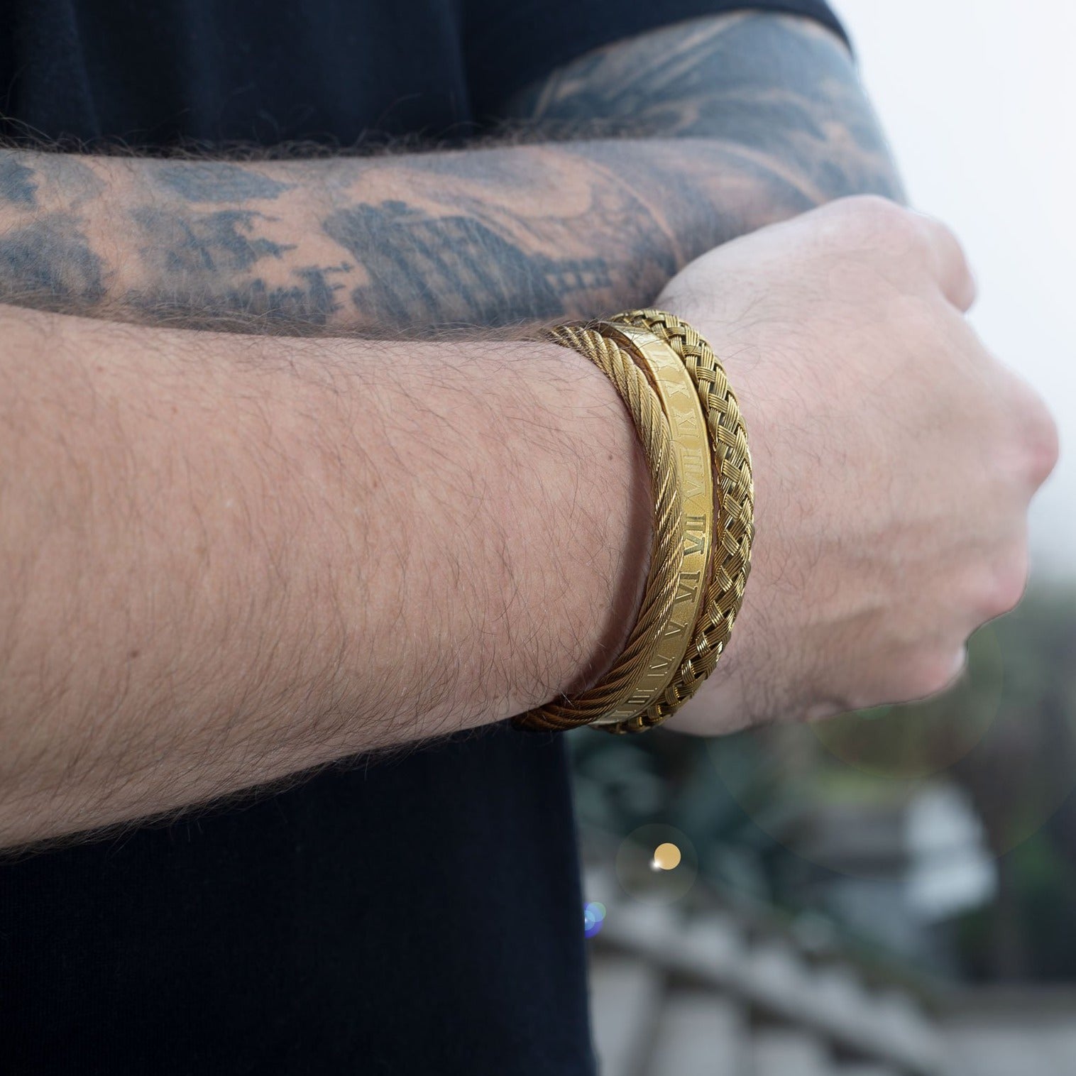 Golden Stainless Steel & Rhodium Roman Bracelet Set For Men