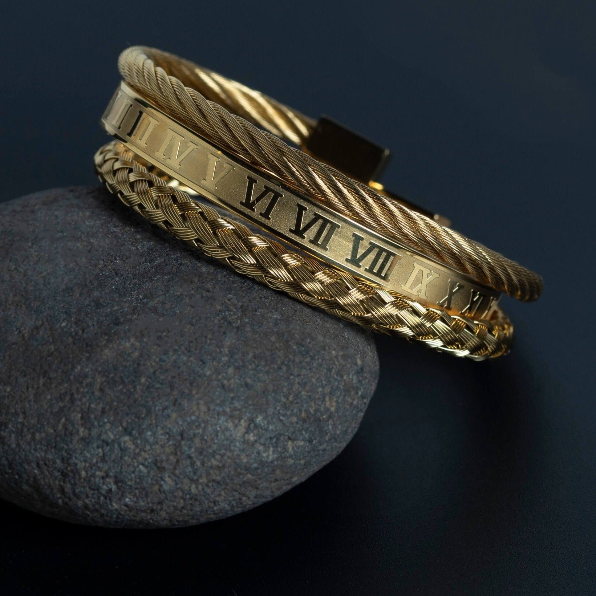 Golden Stainless Steel & Rhodium Roman Bracelet Set For Men