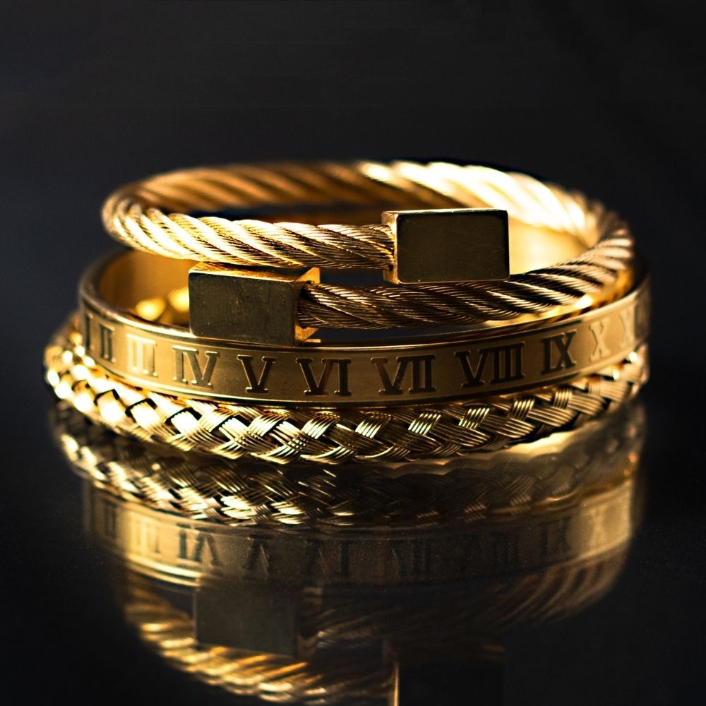Golden Stainless Steel & Rhodium Roman Bracelet Set For Men