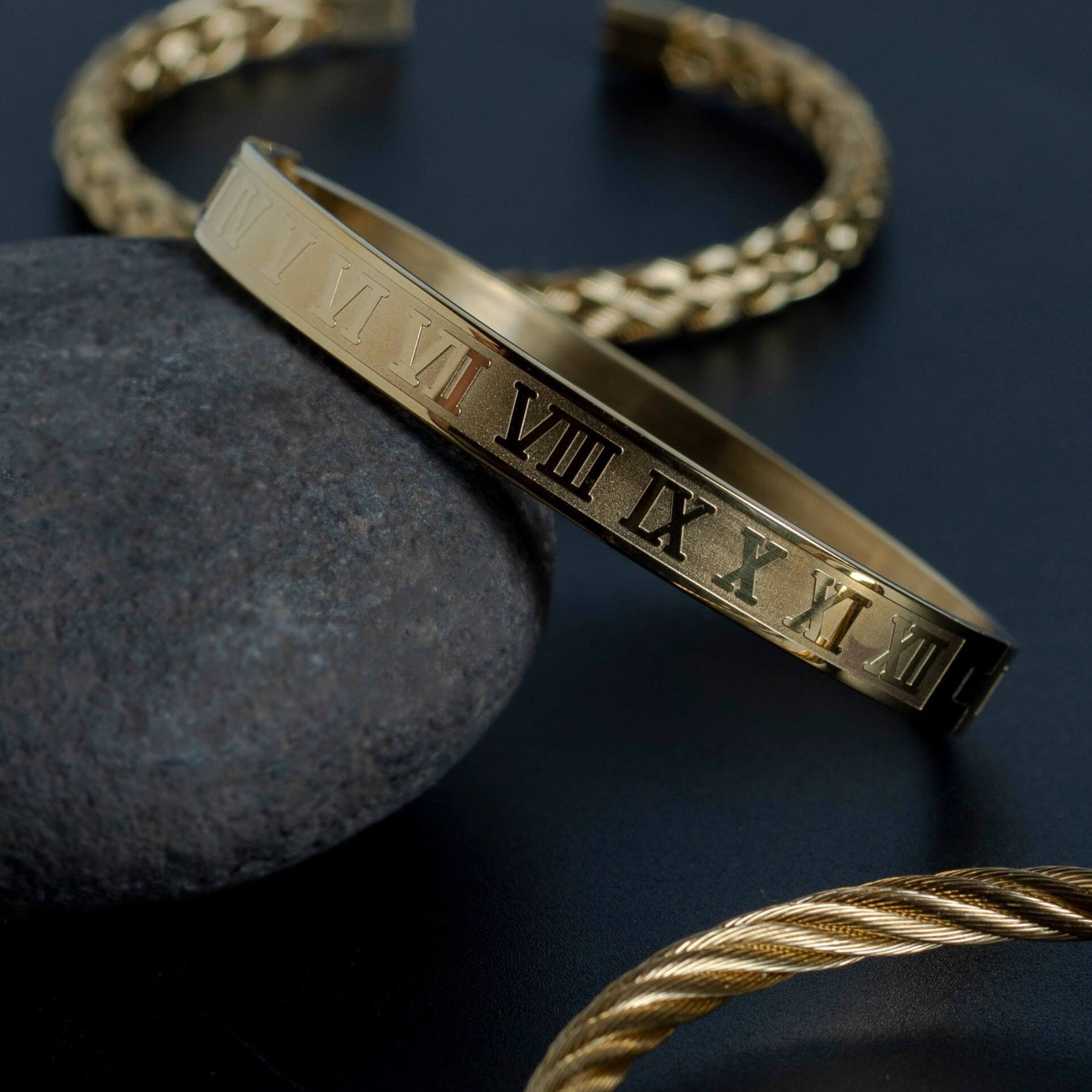 Golden Stainless Steel & Rhodium Roman Bracelet Set For Men