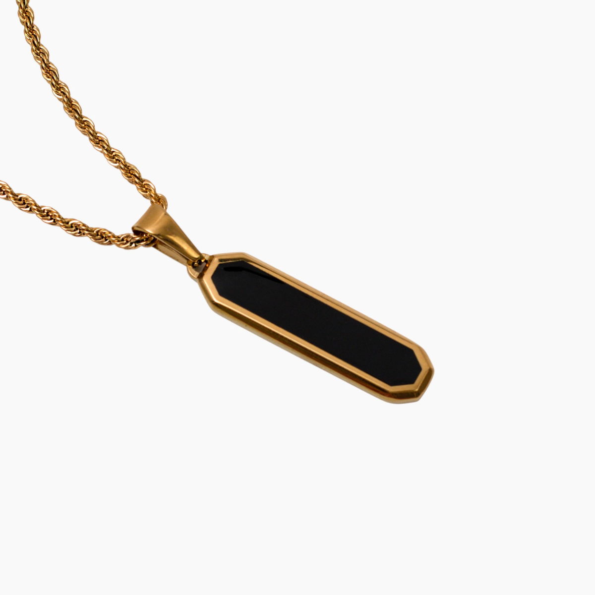 Men's 18K Gold Plated Necklace - Black Onyx Rectangle Pendant