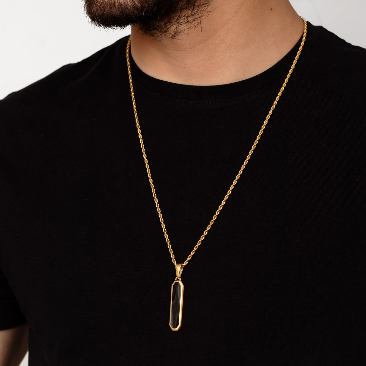 18K Gold Plated Black Onyx Rectangle Necklace for Men Manntara