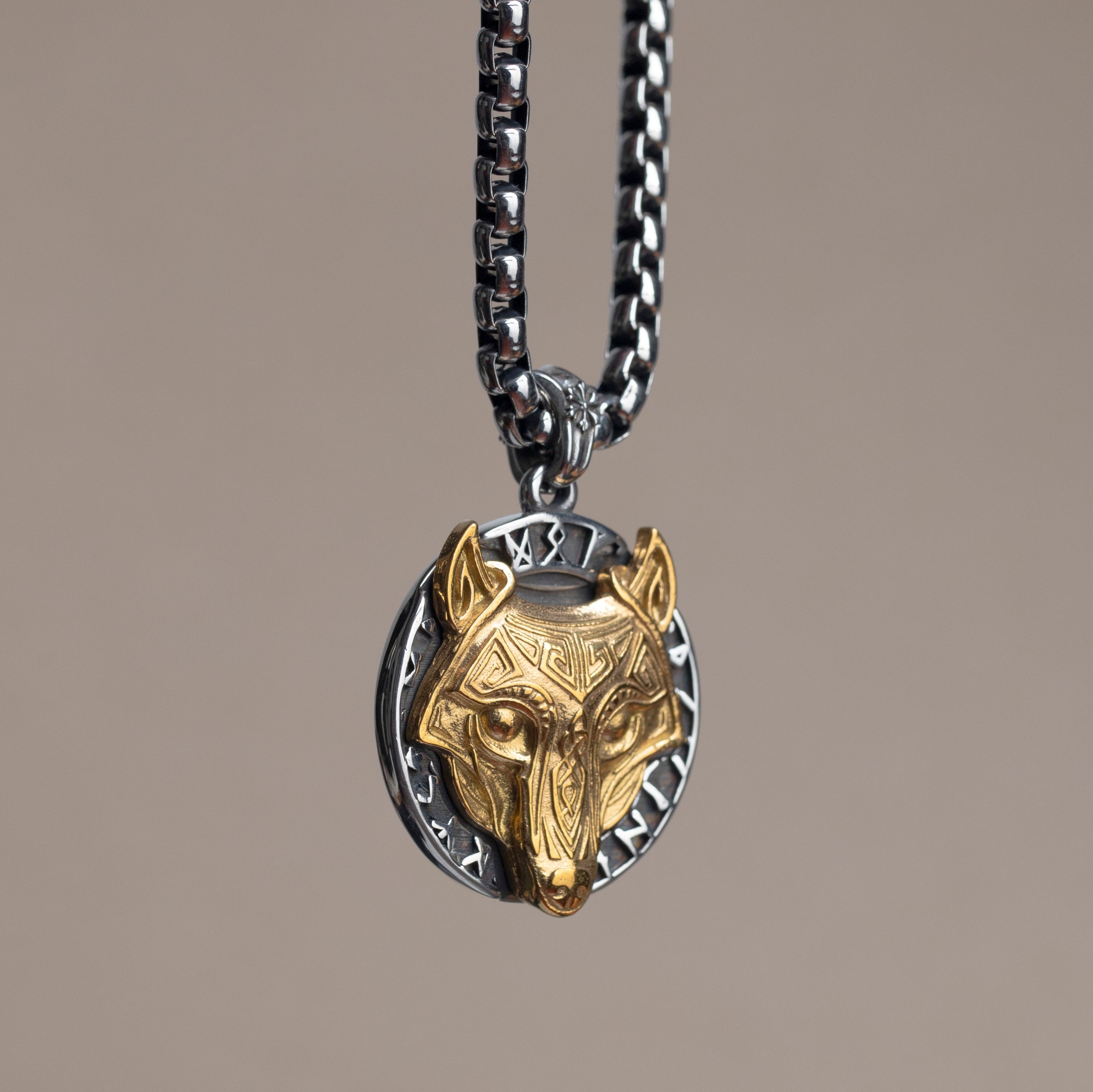 316L Stainless Steel Golden Viking Wolf Locket Necklace For Men Manntara