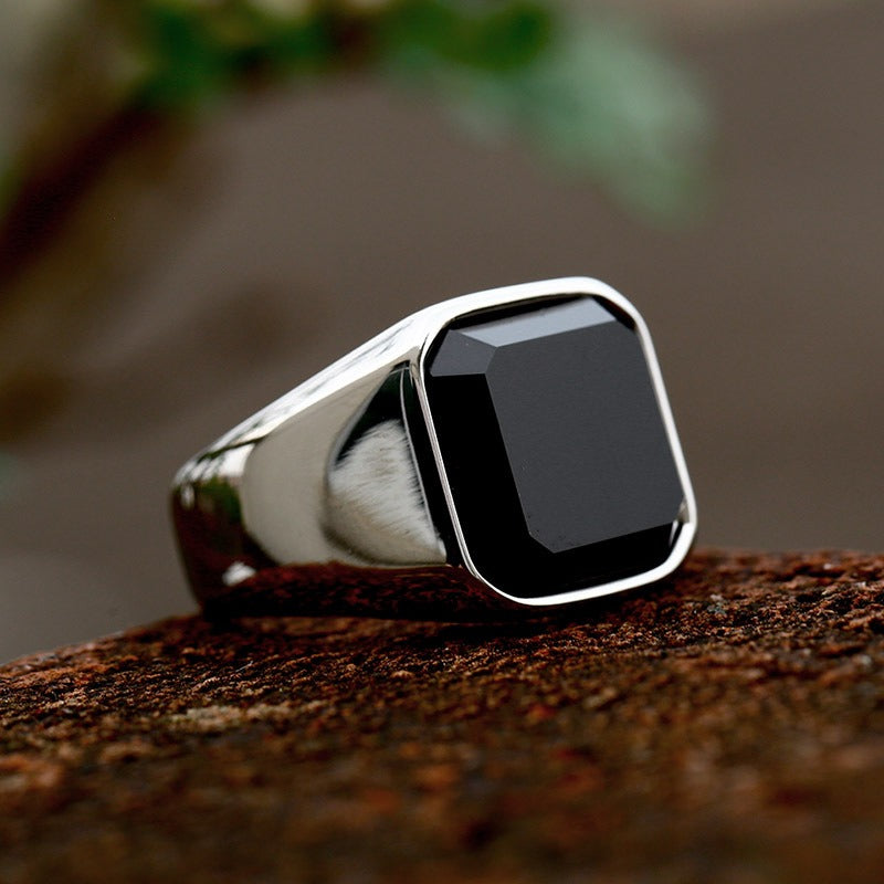 Black Agate Minimal Hexagonal Silver Men's Ring of Stainless Steel Manntara