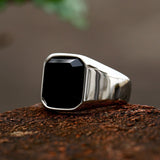 Black Agate Minimal Hexagonal Silver Men's Ring of Stainless Steel Manntara