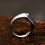 Black Agate Minimal Hexagonal Silver Men's Ring of Stainless Steel Manntara