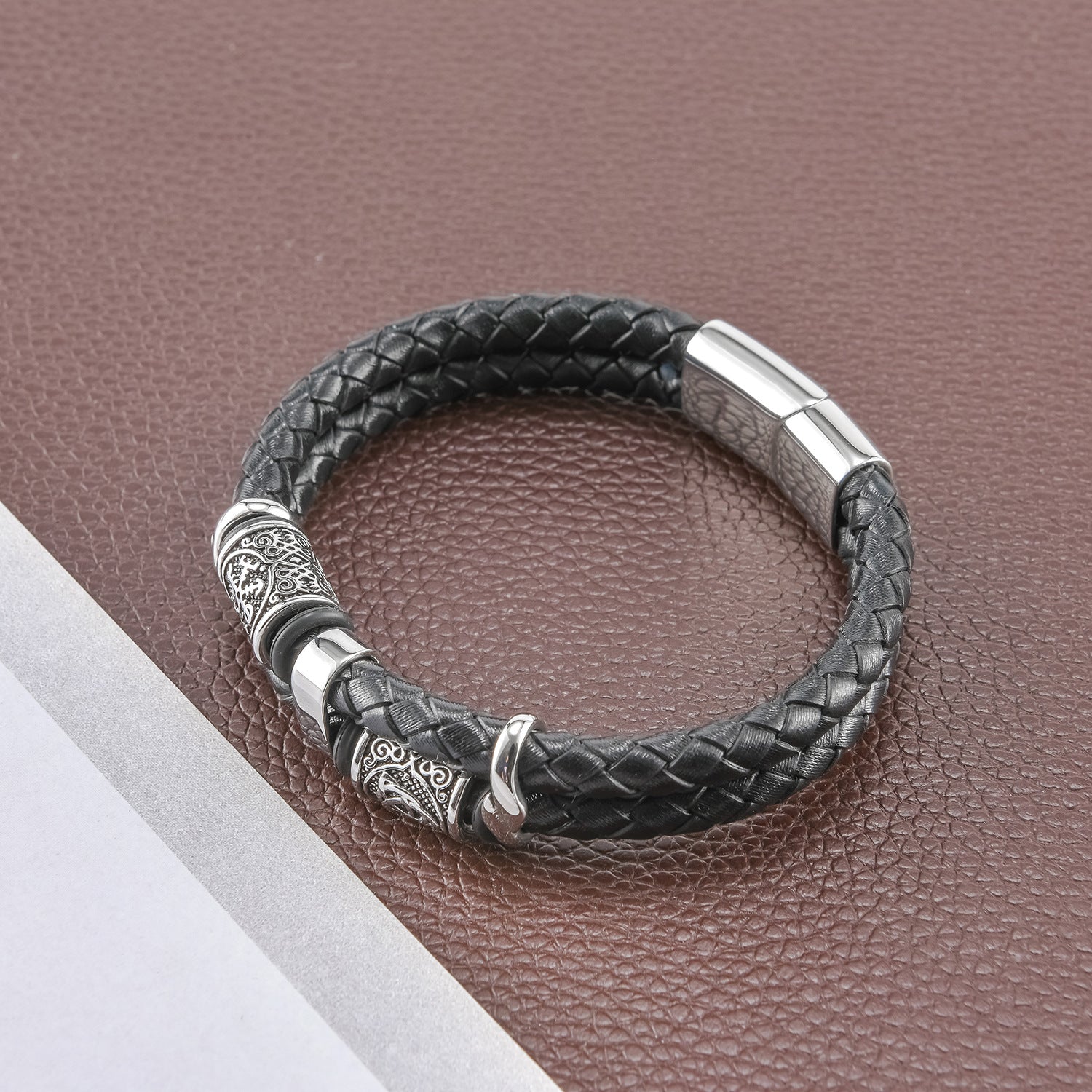 Black Genuine Leather Viking Runes Bracelet With Stainless Steel Clasp Manntara