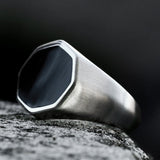 Black Onyx Minimal Hexagonal Silver Men's Ring of Stainless Steel Manntara