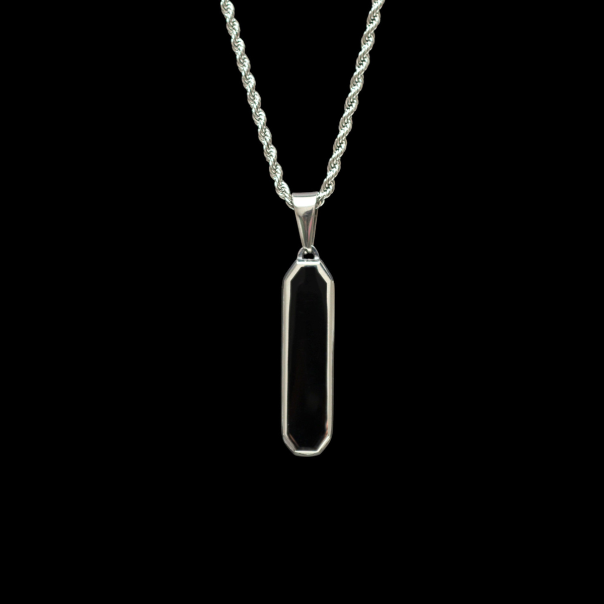 Black Onyx Silver Geometric Rectangular Men's Necklace of Stainless Steel Manntara