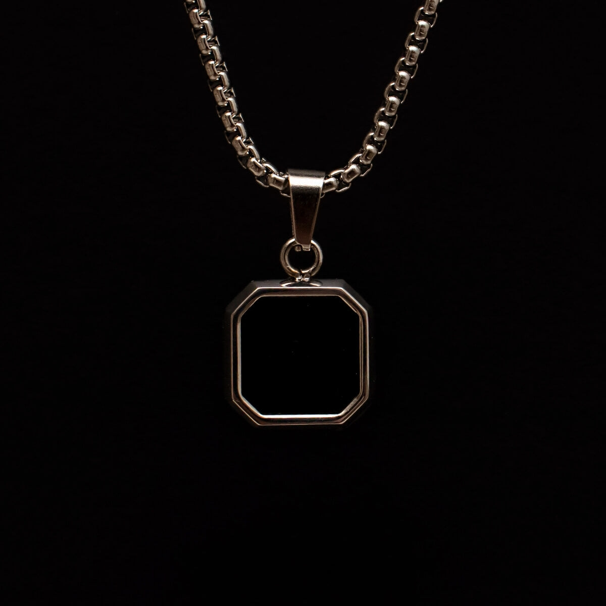 Black Onyx Silver Geometric Square Men's Necklace of Stainless Steel Manntara