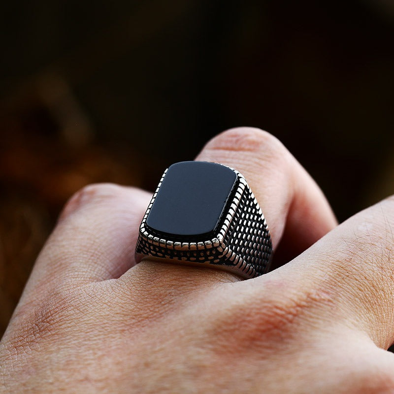 Black Agate Minimal Ring of Stainless Steel for Men Manntara