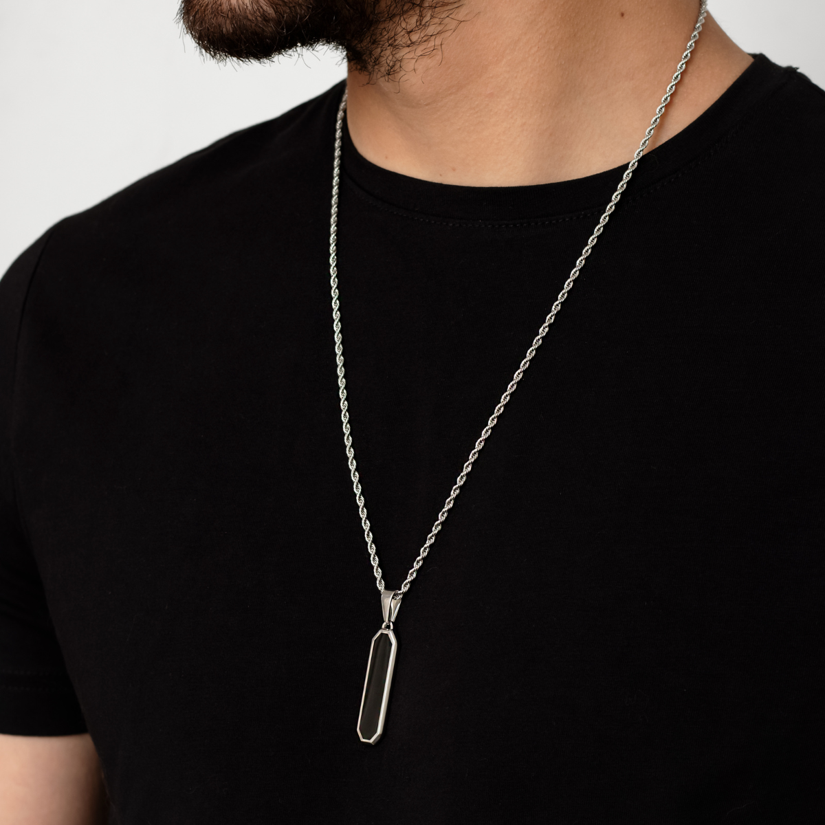 Black Onyx Silver Geometric Rectangular Men's Necklace of Stainless Steel Manntara