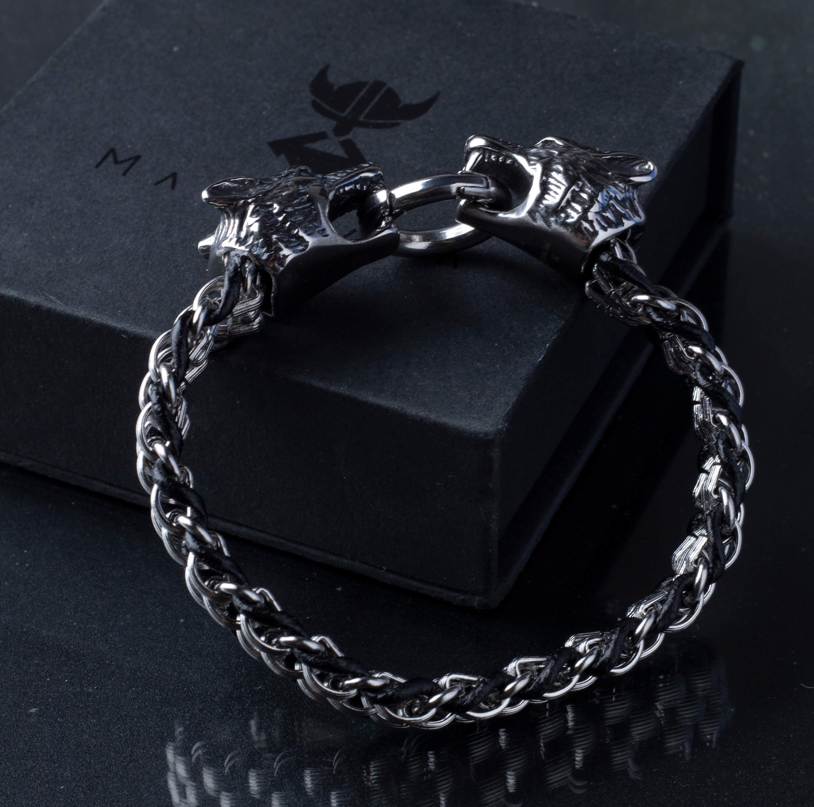 Braided Silver Stainless Steel Wolf Head Bracelet For Men Manntara