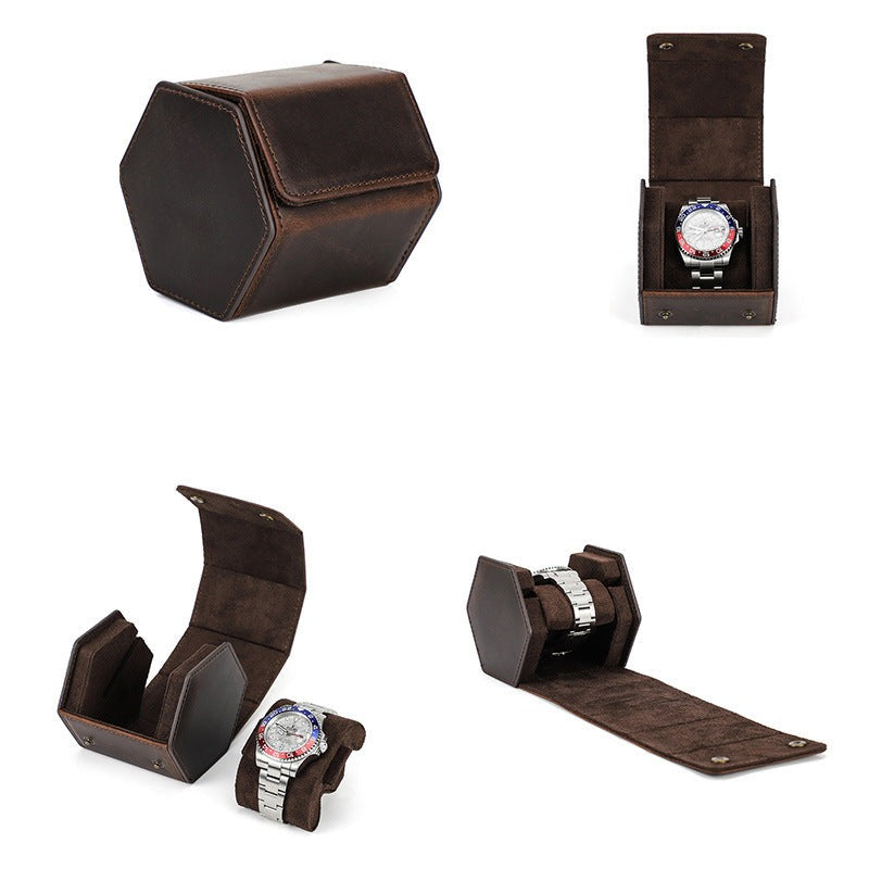 Brown Crazy Horse Leather Hexagonal Storage Watch Box Manntara