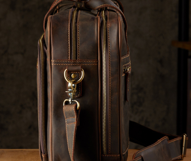 Brown Genuine Full-Grain Leather Travel Briefcase for Men Manntara