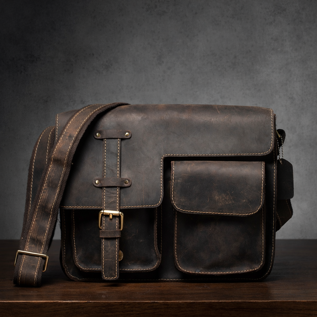 Brown Full-Grain Leather 11-inches Laptop Business Briefcase For Men Manntara