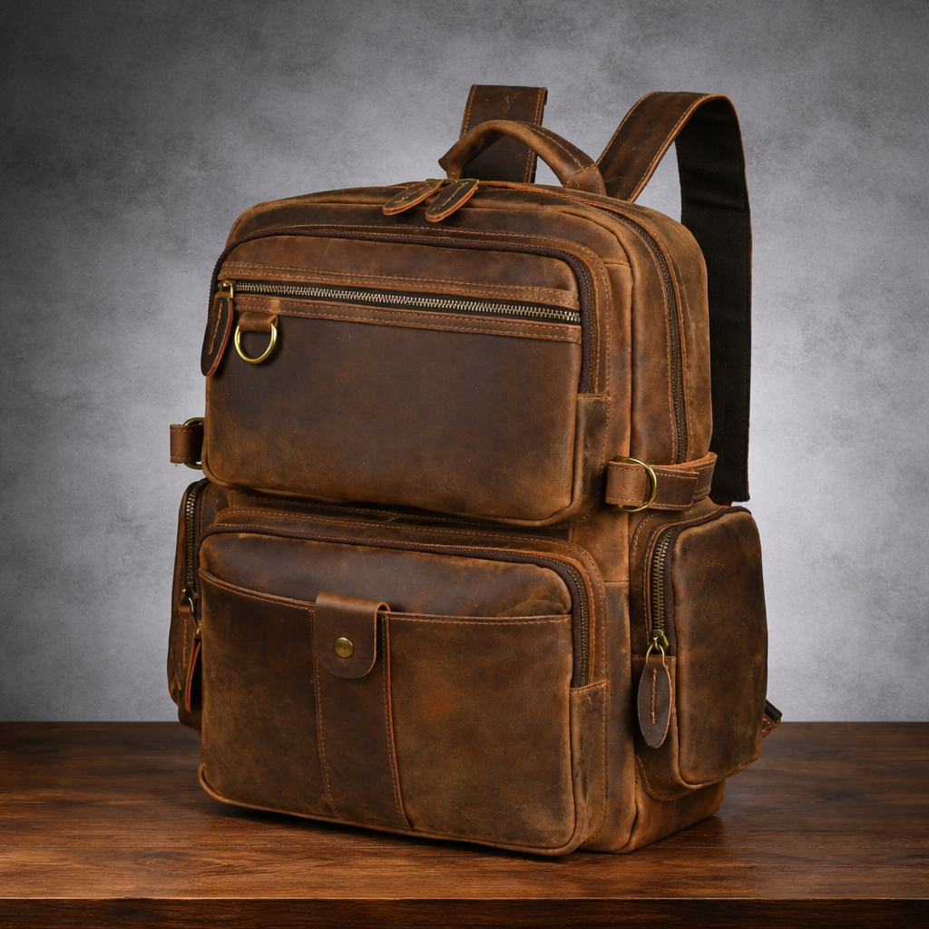 Leather laptop backpack front view with zip compartments and snap pocket