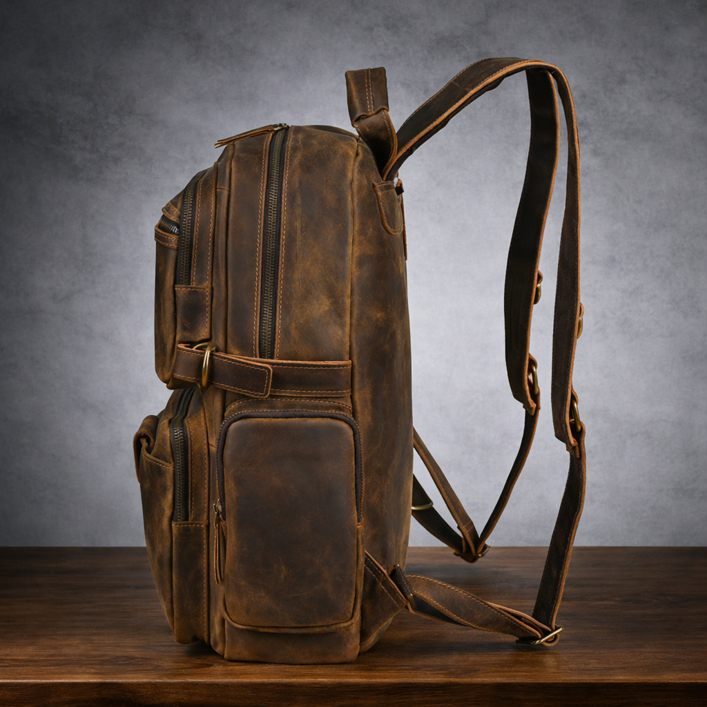 Side profile of leather travel rucksack showing padded straps and side pockets
