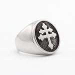 Cross of Lorraine men’s signet ring in stainless steel, angled view of the double-barred cross on a white background.